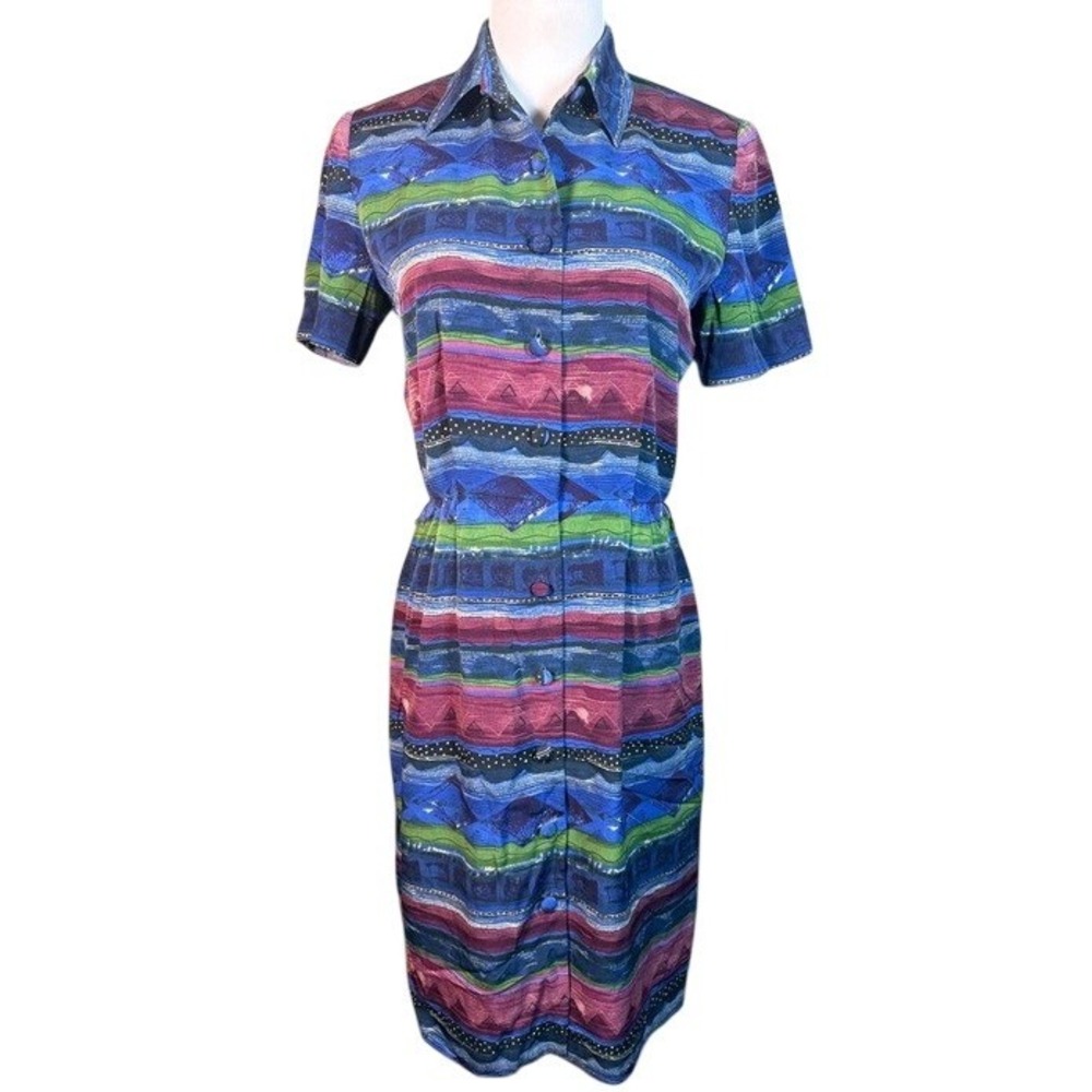 Karin Stevens Petites‎ Vintage Geometric Stripe Button Front Shirt Dress Blue 6P